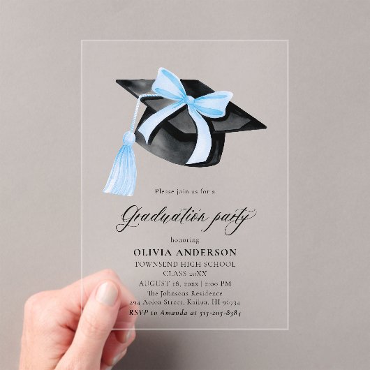 Modern Elegant Trendy Stijlvol Blue Bow Afstuderen Acryl Uitnodigingen (Insitu (Draagbaar))