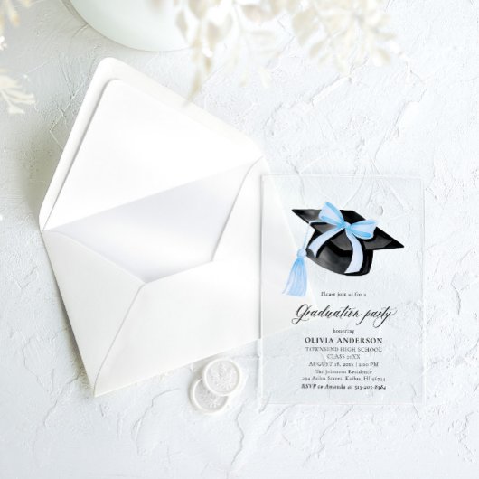 Modern Elegant Trendy Stijlvol Blue Bow Afstuderen Acryl Uitnodigingen