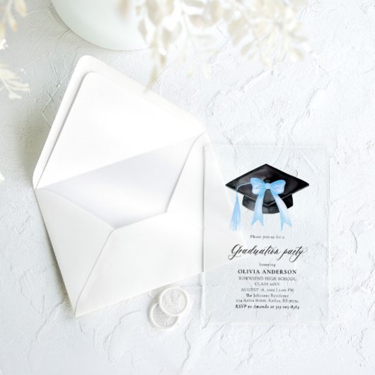 Modern Elegant Trendy Stijlvol Blue Bow Afstuderen Acryl Uitnodigingen