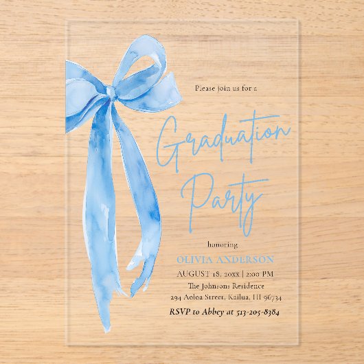Modern Elegant Trendy Stijlvol Blue Bow Afstuderen Acryl Uitnodigingen (Voorkant)