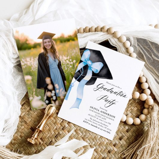 Modern Elegant Trendy Stijlvol Blue Bow Afstuderen Kaart
