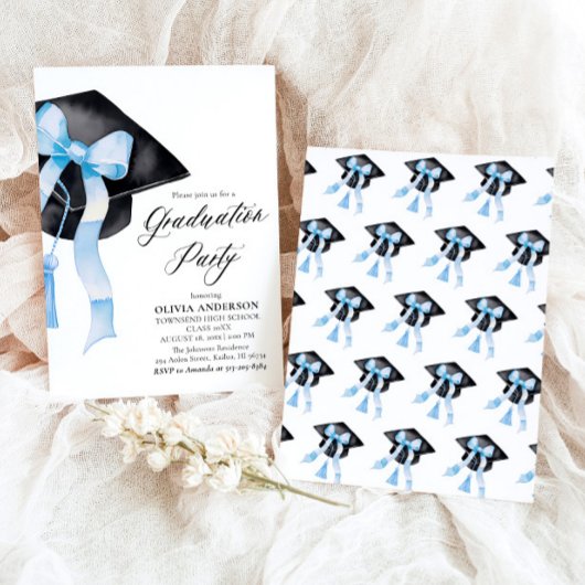 Modern Elegant Trendy Stijlvol Blue Bow Afstuderen Kaart