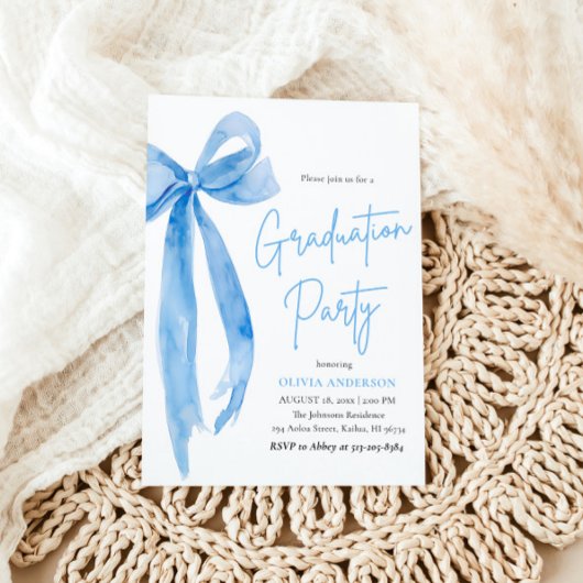 Modern Elegant Trendy Stijlvol Blue Bow Afstuderen Kaart