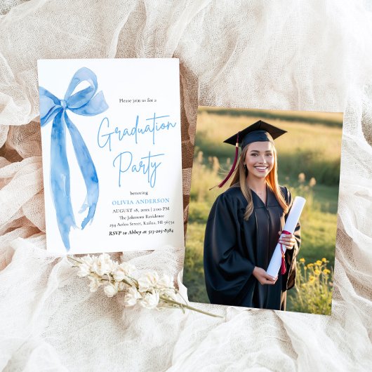 Modern Elegant Trendy Stijlvol Blue Bow Afstuderen Kaart