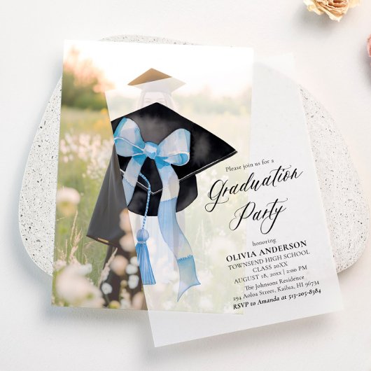 Modern Elegant Trendy Stijlvol Blue Bow Afstuderen Vellum Uitnodigingen
