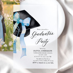 Modern Elegant Trendy Stijlvol Blue Bow Afstuderen Vellum Uitnodigingen