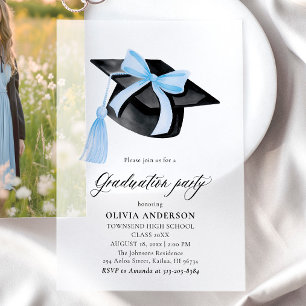Modern Elegant Trendy Stijlvol Blue Bow Afstuderen Vellum Uitnodigingen