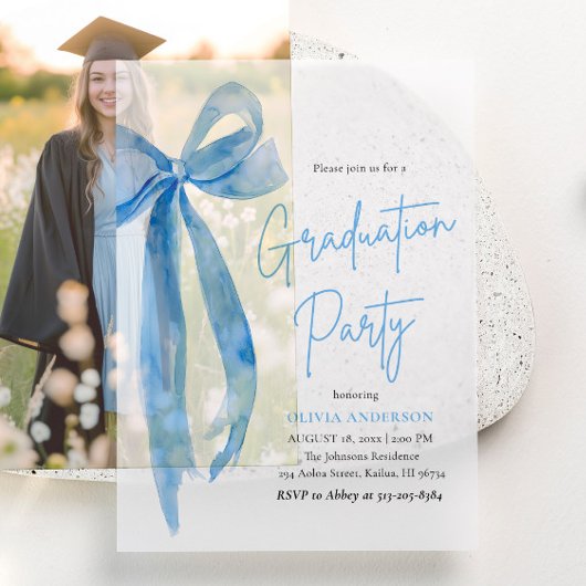 Modern Elegant Trendy Stijlvol Blue Bow Afstuderen Vellum Uitnodigingen