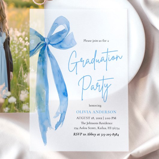 Modern Elegant Trendy Stijlvol Blue Bow Afstuderen Vellum Uitnodigingen