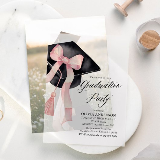 Modern Elegant Trendy Stijlvol Roze Boog Afstudere Vellum Uitnodigingen