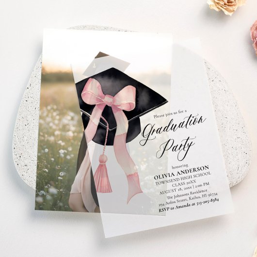 Modern Elegant Trendy Stijlvol Roze Boog Afstudere Vellum Uitnodigingen