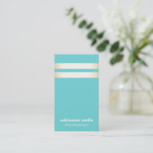 Modern Elegant Turquoise Blue Faux Gold Striped Visitekaartje (Staand voorkant)