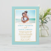 Modern Elegant Turquoise Blue Gold Wedding Kaart (Staand voorkant)