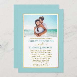 Modern Elegant Turquoise Blue Gold Wedding Kaart