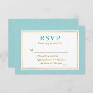 Modern Elegant Turquoise Blue White Gold  RSVP Kaartje