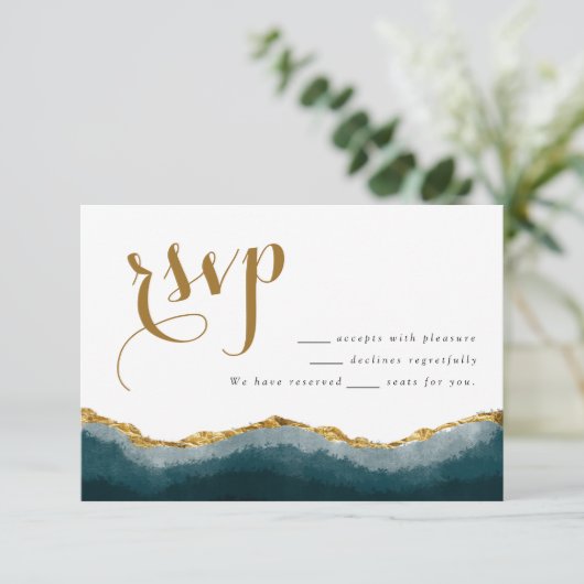 Modern Elegant Turquoise Gold Agate Wedding Informatiekaartje (Staand voorkant)