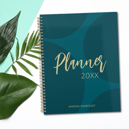 Modern Elegant Turquoise Green Gold Script  Planner