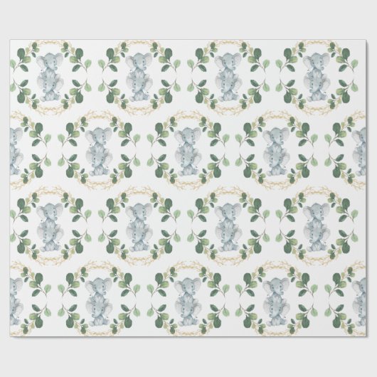 Modern & Elegant Twin Baby Elephant Greenery Gold Cadeaupapier (Vlak)