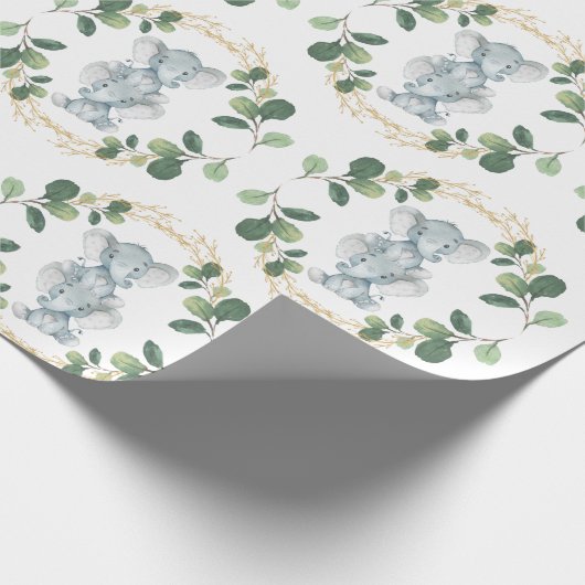 Modern & Elegant Twin Baby Elephant Greenery Gold Cadeaupapier (Hoek)