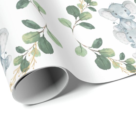Modern & Elegant Twin Baby Elephant Greenery Gold Cadeaupapier (Rol Hoek)