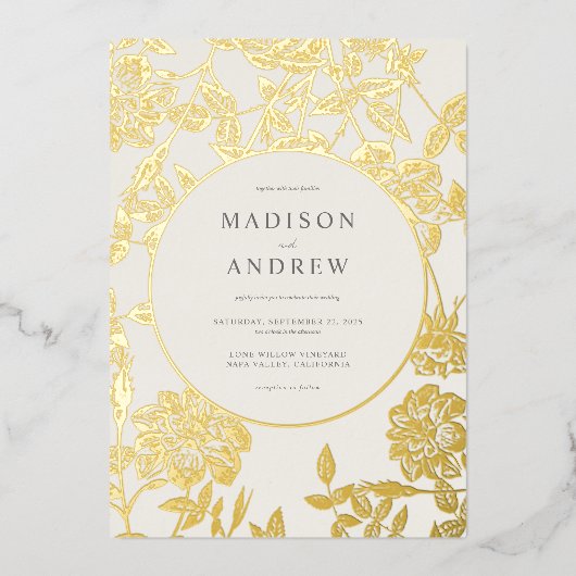 Modern Elegant Verguld Bloemen Bruiloft Folie Uitnodiging (Voorkant)