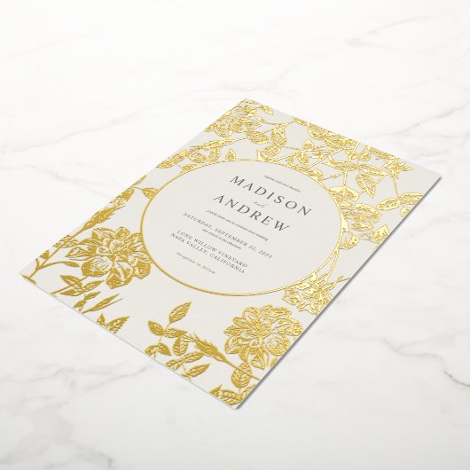 Modern Elegant Verguld Bloemen Bruiloft Folie Uitnodiging (Gedraaid)