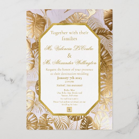 Modern Elegant Verguld Goud Monstera Folie Uitnodiging (Voorkant)