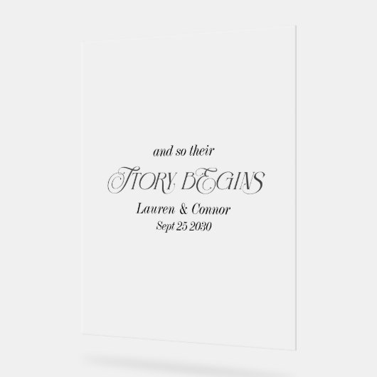 Modern Elegant Verhaal Begint Huwelijk Wit Frosted Acryl Bord (Hoek)