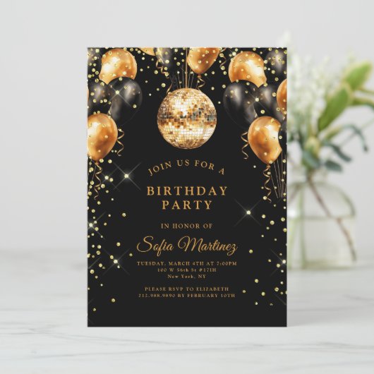 Modern Elegant Verjaardagsfeest Zwart Goud Kaart (Staand voorkant)