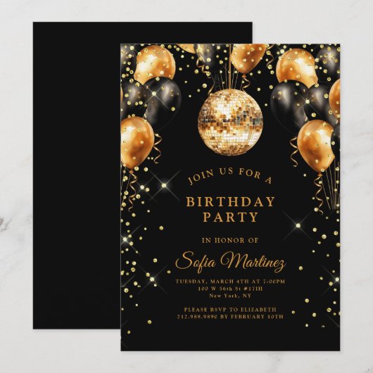 Modern Elegant Verjaardagsfeest Zwart Goud Kaart (Voorkant / Achterkant)