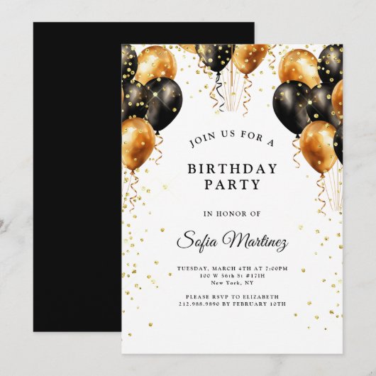 Modern Elegant Verjaardagsfeest Zwart Goud Kaart (Voorkant / Achterkant)