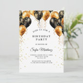 Modern elegant verjaardagsfeest zwart goud op wit kaart (Staand voorkant)