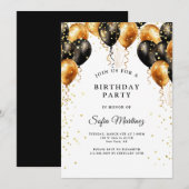 Modern elegant verjaardagsfeest zwart goud op wit kaart (Voorkant / Achterkant)