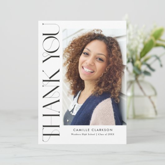 Modern Elegant Vertical Two Photo Afstuderen Bedankkaart (Staand voorkant)