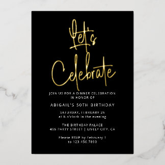 Modern Elegant Vieren Zwart Goud Verjaardagsfeest Folie Uitnodiging