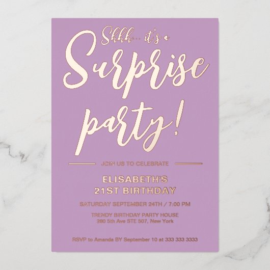 Modern Elegant Violet 21e Verrassingsverjaardag Folie Uitnodiging (Voorkant)