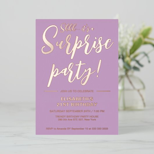 Modern Elegant Violet 21e Verrassingsverjaardag Folie Uitnodiging (Staand Voorkant)