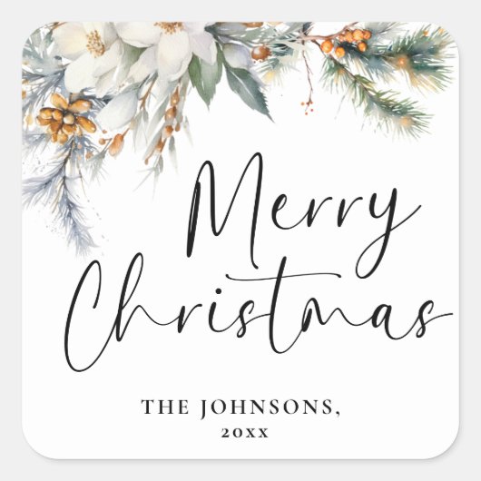 Modern Elegant Vrolijk Kerstfeest Custom Donkergro Vierkante Sticker (Voorkant)