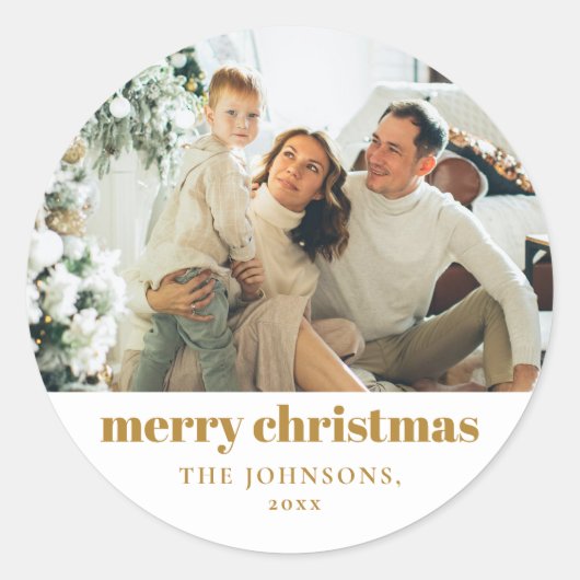 Modern Elegant Vrolijk Kerstfeest Custom Gold Ronde Sticker (Voorkant)