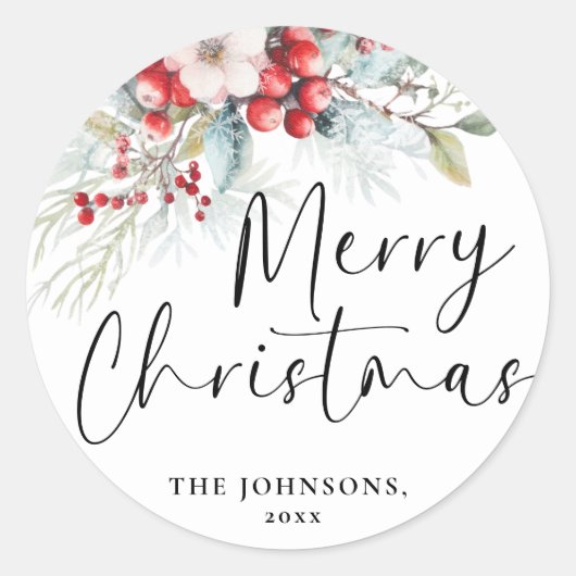 Modern Elegant Vrolijk Kerstkalligrafiescript Ronde Sticker (Voorkant)