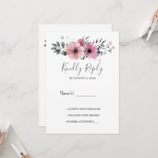 Modern elegant watercolor flowers Wedding RSVP Kaart (Voorkant / Achterkant in situ)