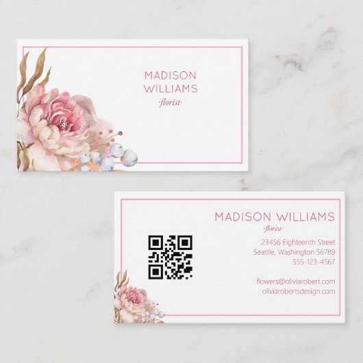 Modern Elegant Waterverf Bloemist QR Code Visitekaartje (Voorkant / Achterkant)