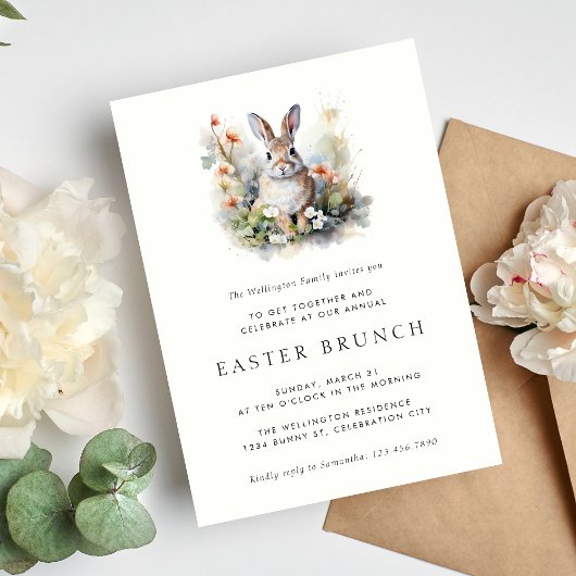 Modern Elegant Waterverf Bunny Paasbrunch Kaart