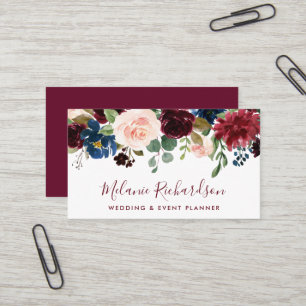 Modern Elegant Waterverf Burgundy Blue Floral Visitekaartje