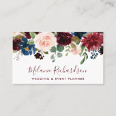 Modern Elegant Waterverf Burgundy Blue Floral Visitekaartje (Voorkant)