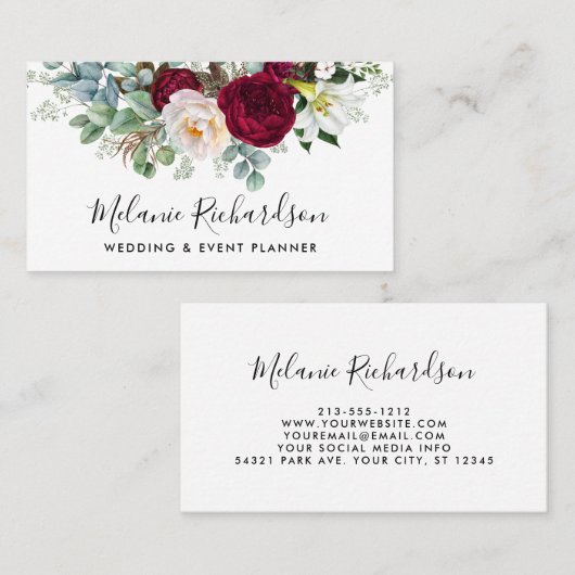 Modern Elegant Waterverf Burgundy Floral Greenery Visitekaartje (Voorkant / Achterkant)