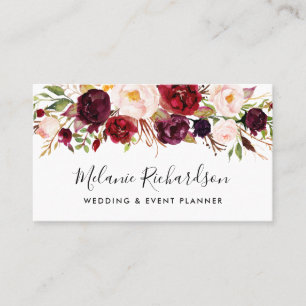 Modern Elegant Waterverf Burgundy Floral Visitekaartje