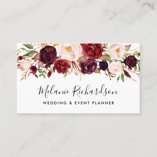 Modern Elegant Waterverf Burgundy Floral Visitekaartje (Voorkant)