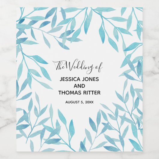 Modern Elegant Waterverf Floral Blue Wijn Etiket (Enkel label)