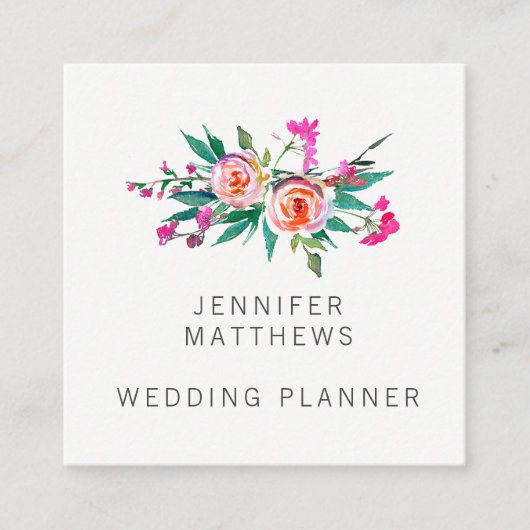 Modern Elegant Waterverf Floral Wedding Planner Vierkante Visitekaartje (Voorkant)